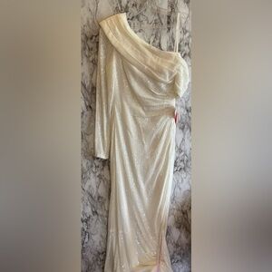 Mac Duggal Cream Embellished Gown with Asymmetrical Neckline